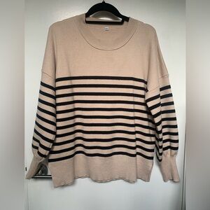 Cream and Black Crew Neck Striped Sweater